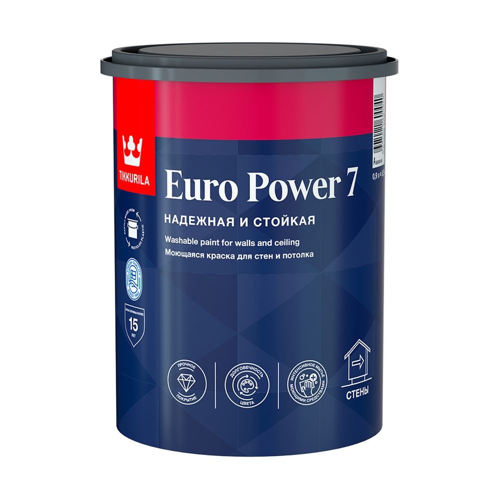 Краска В/Д 0,9л стойкая к мытью А матовая ЕВРО POWER 7 Тиккурила