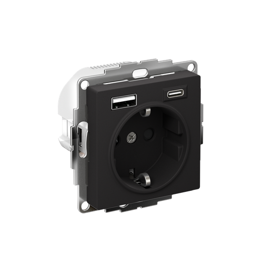 Розетка AtlasDesign 16А с 2-мя заряд. устройствами USB тип A+C 5В/2.4А 2х5В/1.2А механизм карбон SE ATN001032