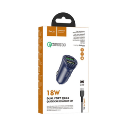 Разделитель автомобильный Hoco Z39 Farsighted dual port QC3.0 Car charger с кабелем Type-C (2USB: 3.6V-6.5V &amp; 3A 18W) Синий