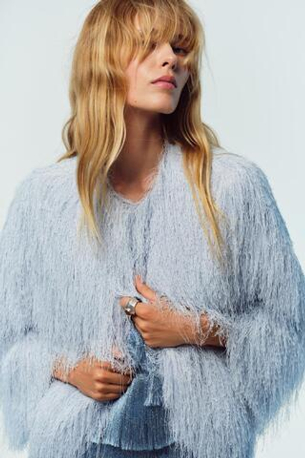 ZARA КУРТКА С БАХРОМОЙ, ГОЛУБОЙ