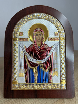 Покрова, икона арочная, красное дерево, эмаль 150х200