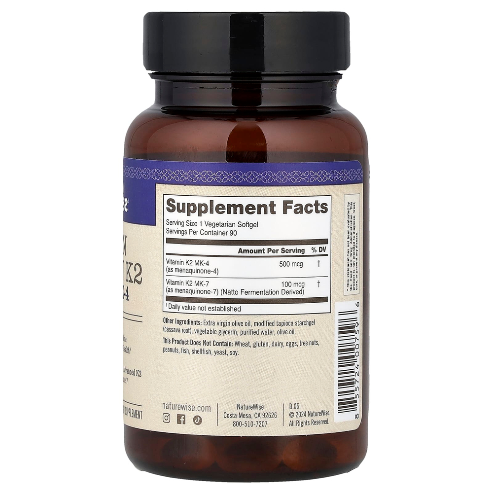 NatureWise, веганский витамин K2, MK-7 и MK-4, 90 вегетарианских капсул