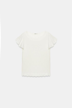 ZARA ТОП С ВОЛАНАМИ И КРУЖЕВОМ, БЕЛЫЙ