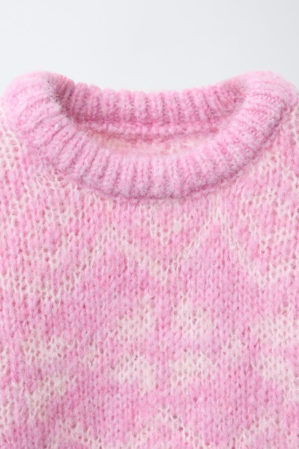 ZARA ТРИКОТАЖНЫЙ СВИТЕР С КОНТРАСТНЫМ УЗОРОМ, РОЗОВЫЙ