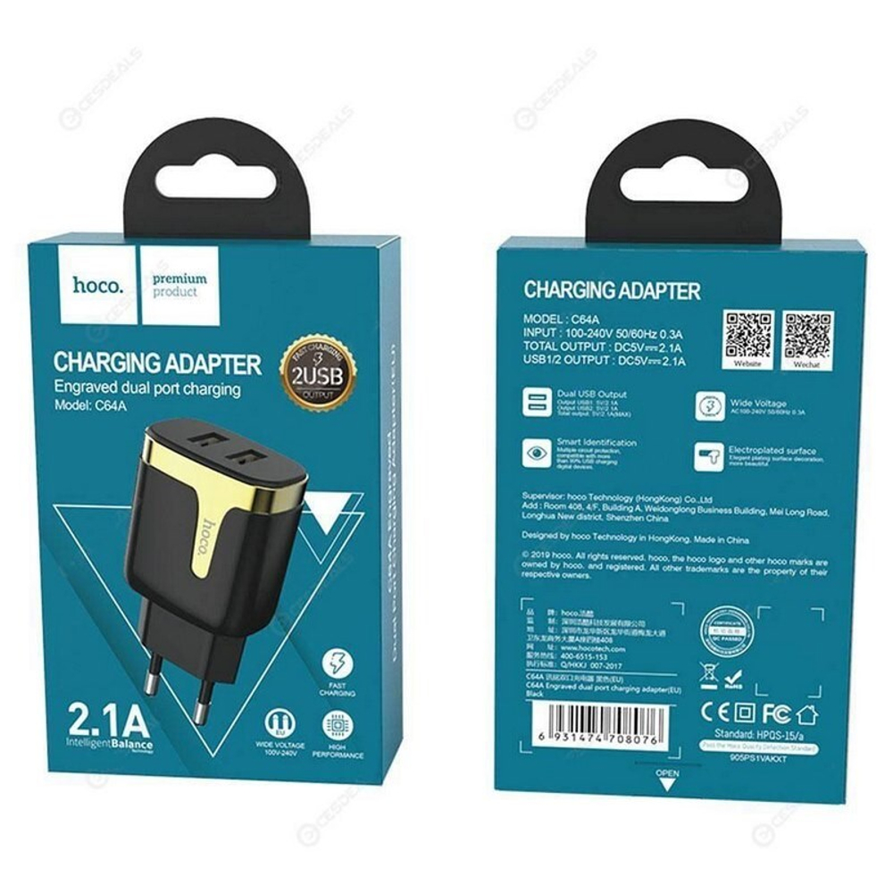 Сетевой адаптер питания HOCO C64A 2USB 2.1A (черный)