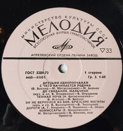 Винтажная виниловая пластинка LP Сборник Друзьям Однополчанам (СССР 1980) М. Бернес, В. Высоцкий, Ю. Гуляев