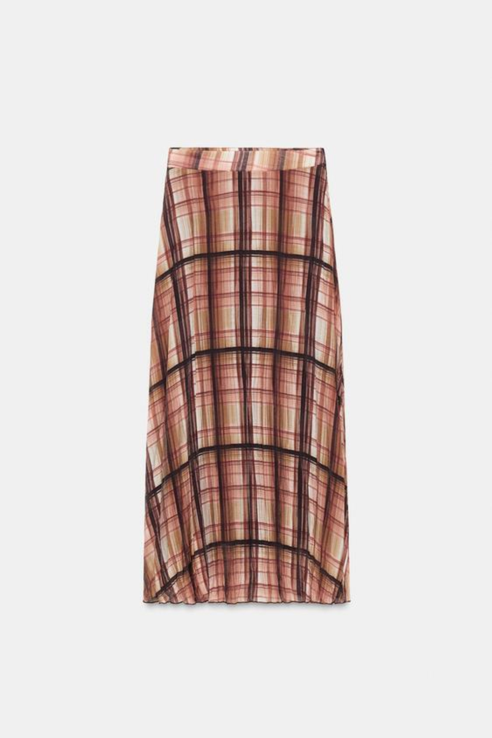 ZARA ЮБКА МИДИ В КЛЕТКУ С ЭФФЕКТОМ ЖАТКИ, КОРИЧНЕВЫЙ/ЭКРЮ