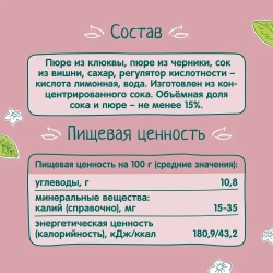 Морс детский ФрутоНяня, из клюквы, черники и вишни, 0,2 л