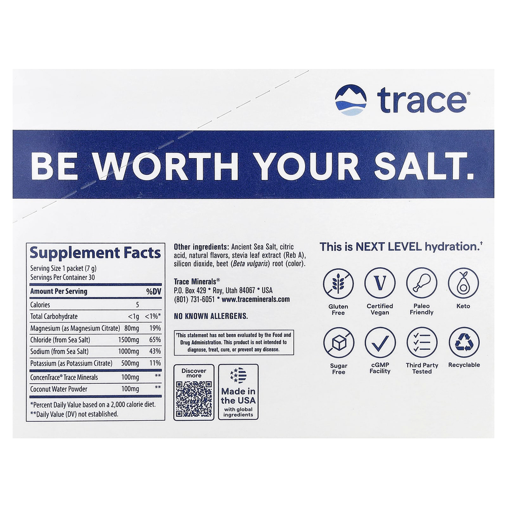 Trace, ZEROLyte, электролит и кокосовая вода, со вкусом лимонада с солеными ягодами, 30 пакетиков по 7 г (0,25 унции)