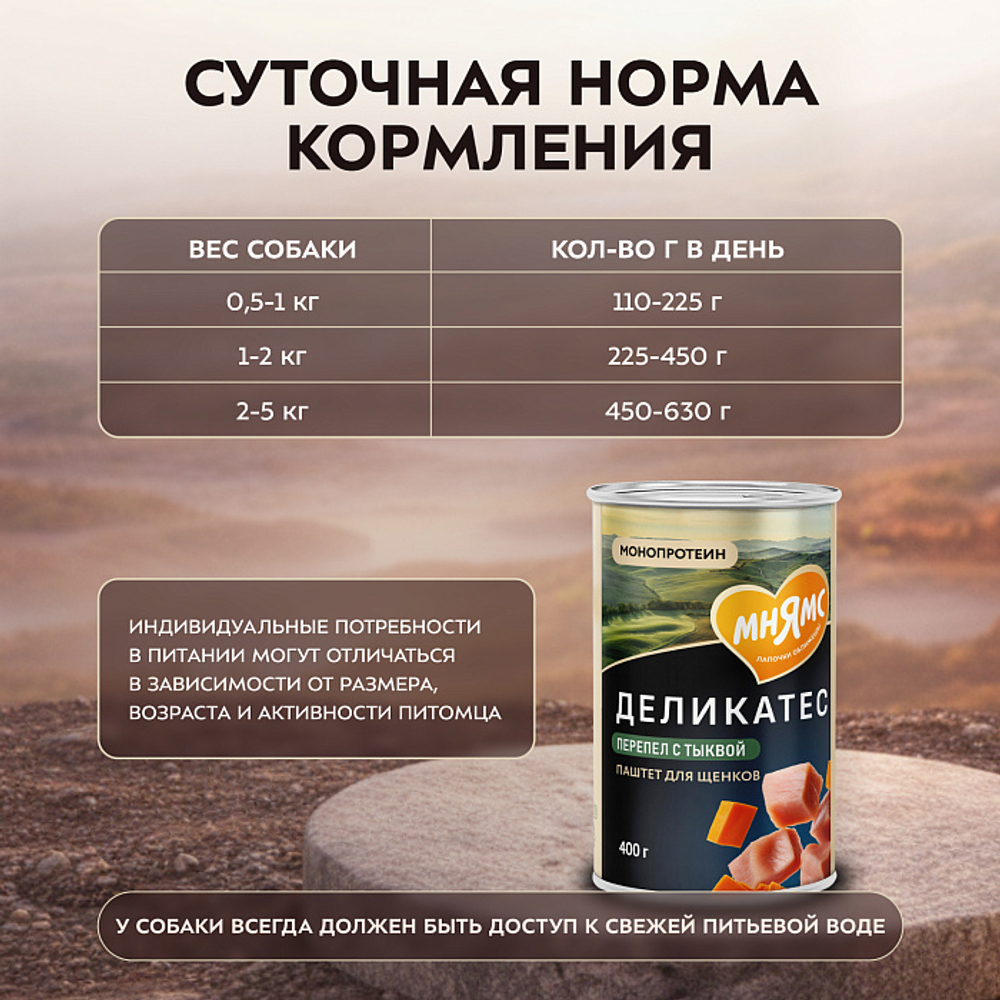 Влажный корм консервы для щенков всех пород Деликатес "Потофё по-провански" паштет из перепёлки с тыквой Мнямс 0,4кг 12 шт