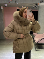 Пуховик Fresh миди с поясом песочный