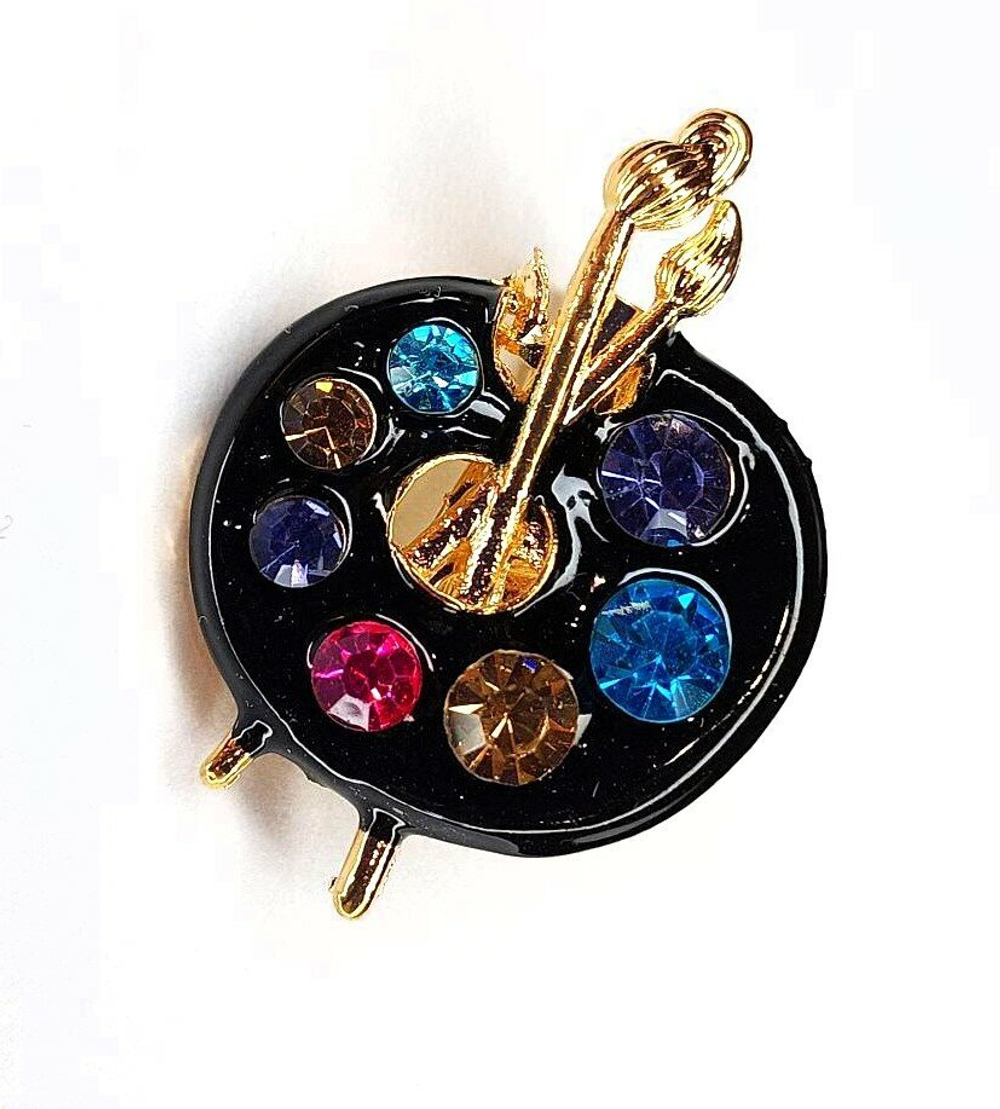 Брошка, брошь " Палитра художника". Эмаль, стразы. Цвет черный