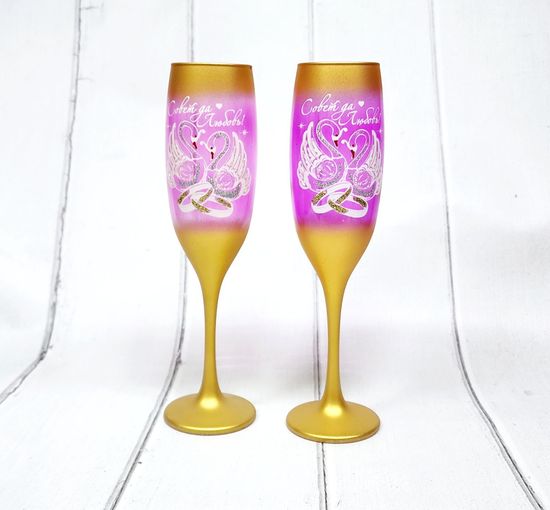Свадебные бокалы , золото с темно-розовым, Совет да любовь, марганец