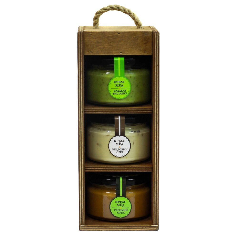 Медовый подарочный набор HoneyForYou "Кремовое трио" в деревянном ящике