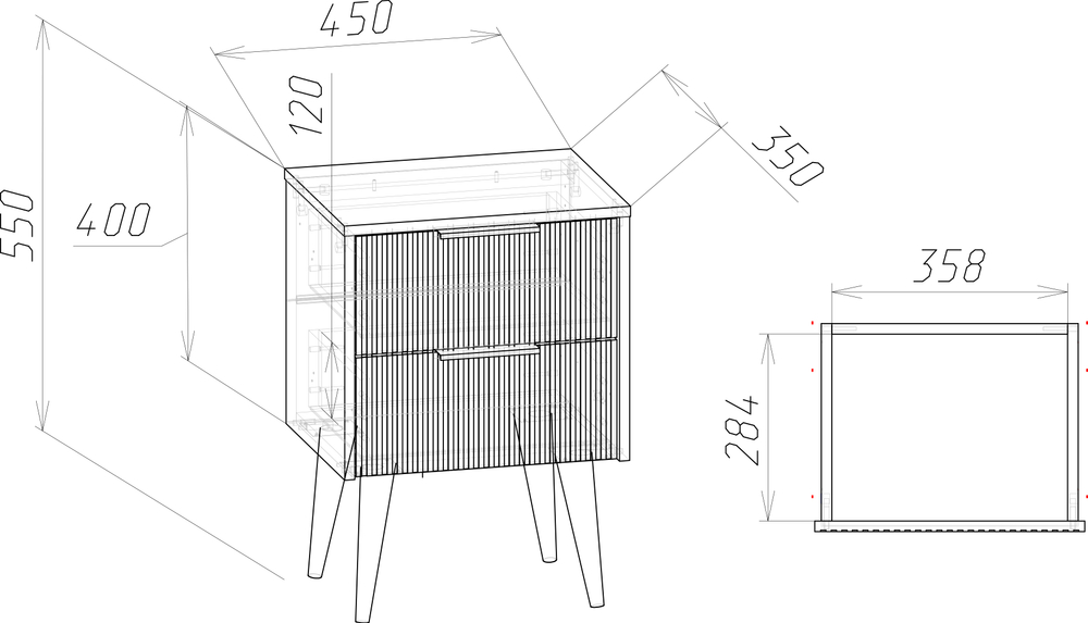 Прикроватная тумба DIWO Краснодар 45x55x35 см, 2 ящика белая, ручка золото