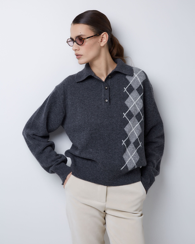 Поло из смесового кашемира ромбы темно-серый