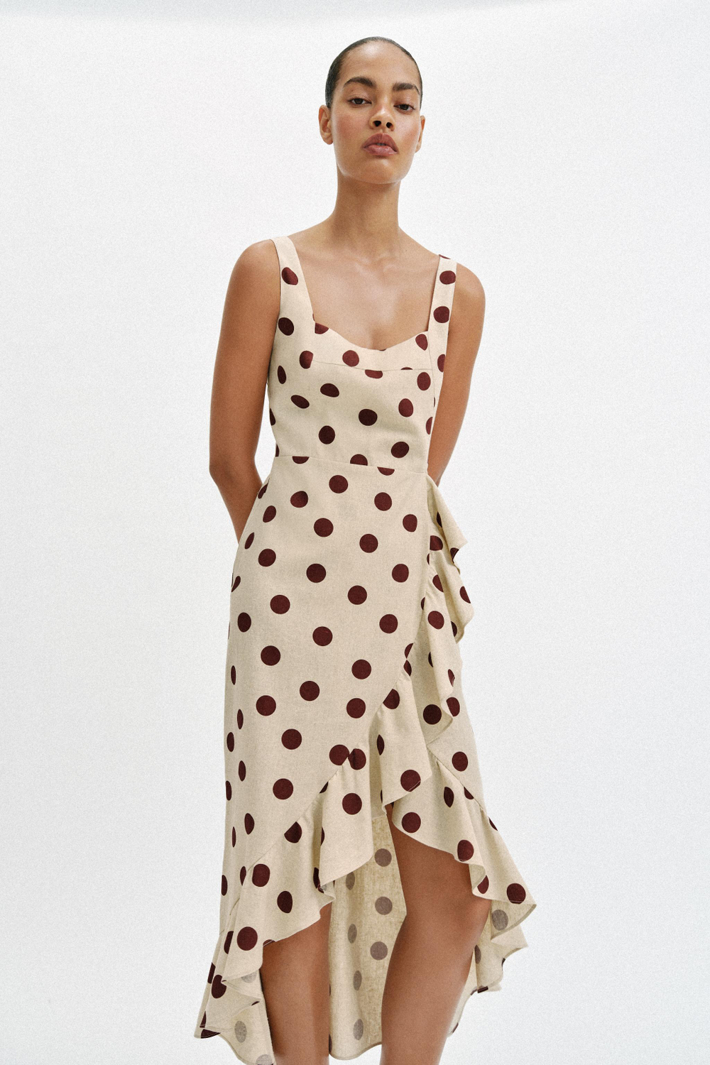 ZARA ПЛАТЬЕ МИДИ В ГОРОШЕК ИЗ СМЕСОВОГО ЛЬНА, ЭКРЮ