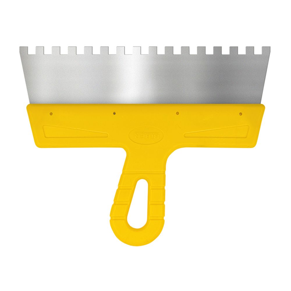 Шпатель 250мм, зуб 8мм, фасадный, нерж. сталь, желтая рукоятка, МАСТЕР, БИБЕР 35186 ---