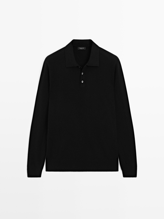 Massimo Dutti Свитер из смесовой шерсти с воротником поло, черный