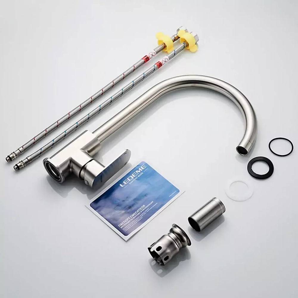 Смеситель для кухни высокий с гайкой LEDEME L74016 нержавеющая сталь