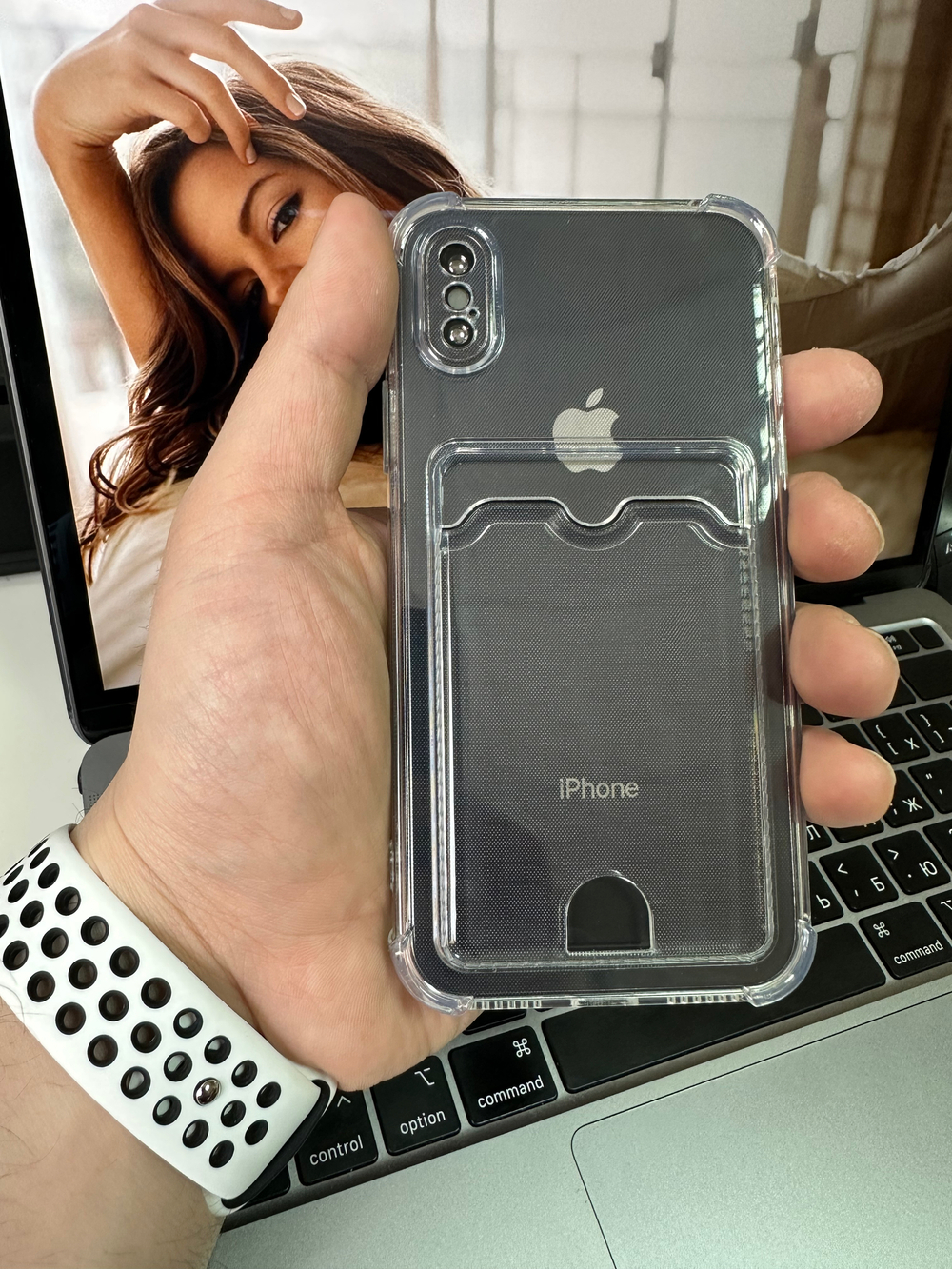 Чехол на iPhone X / XS / с карманом для карт и защитой углов / прозрачный