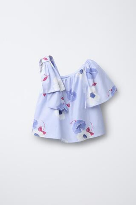 ZARA АСИММЕТРИЧНЫЙ ТОП С ЦВЕТОЧНЫМ ПРИНТОМ, ГОЛУБОЙ