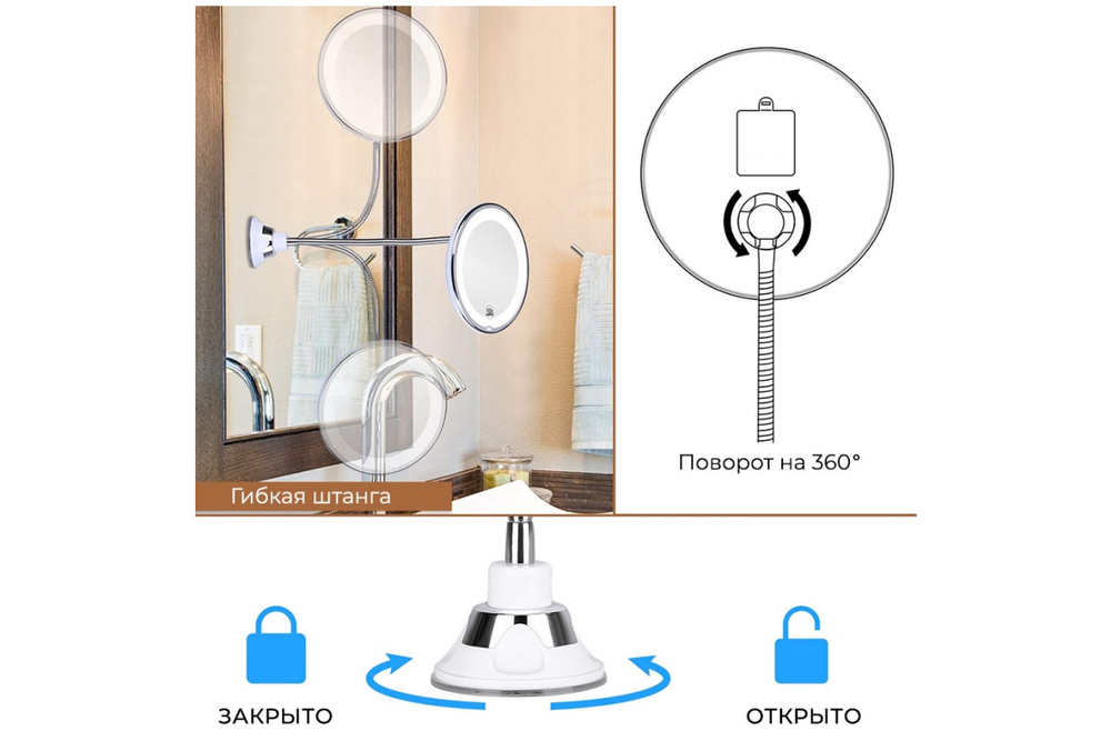 Зеркало косметологическое CleverCare с подсветкой с гибкой штангой, 5Х 6,7"