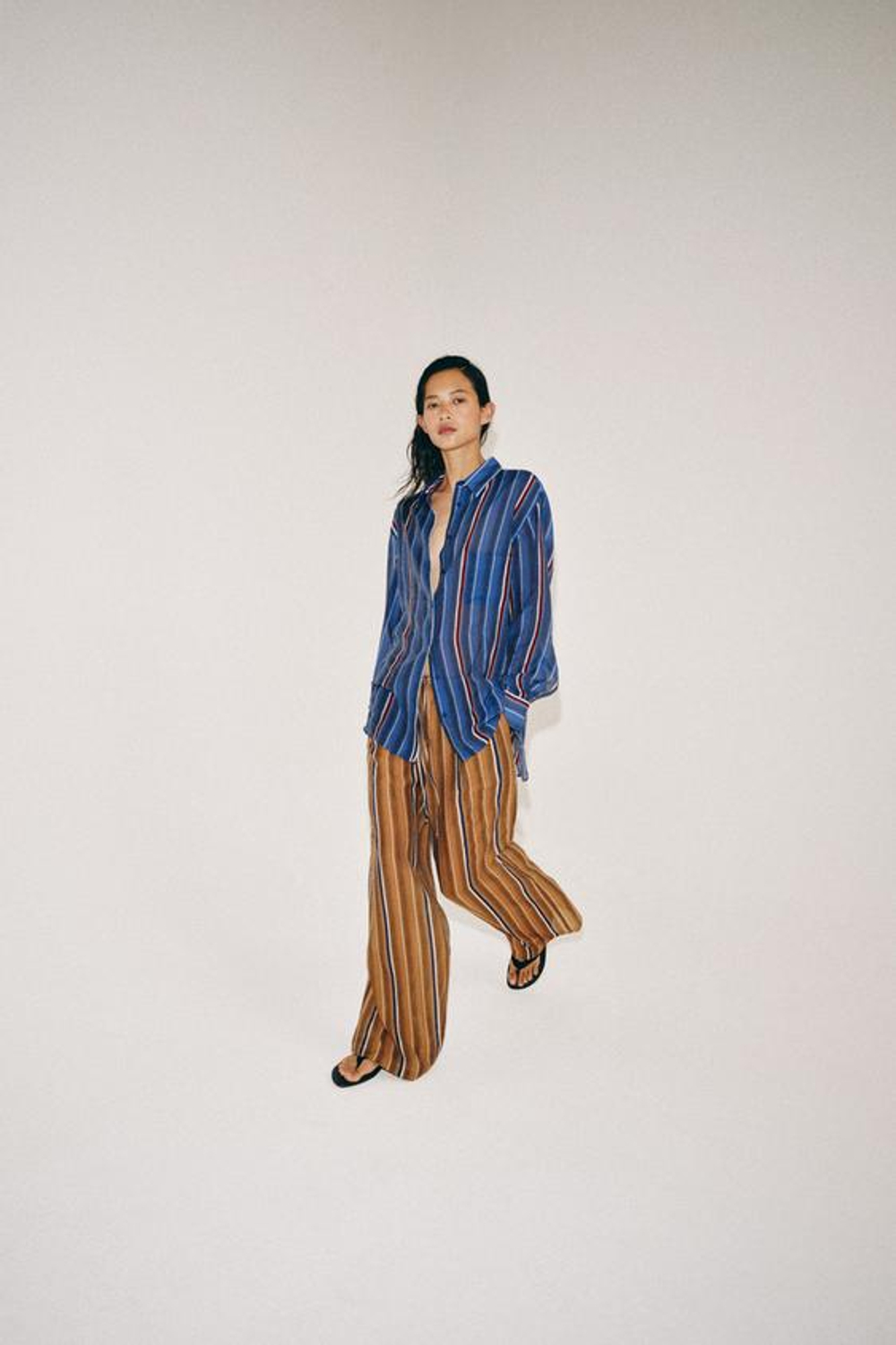ZARA БРЮКИ В ПОЛОСКУ В ПИЖАМНОМ СТИЛЕ — ZW COLLECTION, КАРАМЕЛЬНЫЙ
