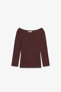 ZARA ФУТБОЛКА С ВЫРЕЗОМ «ЛОДОЧКА», БУРГУНДИ