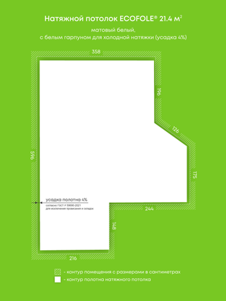 Матовый натяжной потолок 21.4 м2