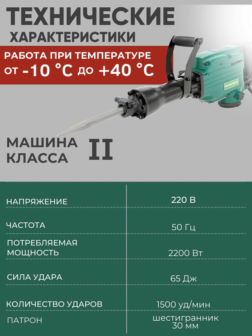 Отбойный молоток электрический FAVOURITE FSH 65D PROMO, 2200 Вт, 65 Дж, 1500 уд/мин, 30 мм шестигранник, кейс