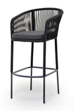 "Марсель" стул барный плетеный из роупа, каркас из стали темно-серый (RAL7024) муар, роуп темно-серый круглый, ткань темно-серая 027