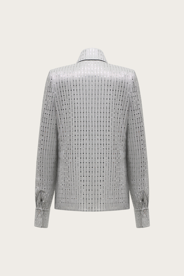 БЛУЗА ИЗ СЕРОГО ШЕЛКА С ЛЮРЕКСНОЙ НИТЬЮ