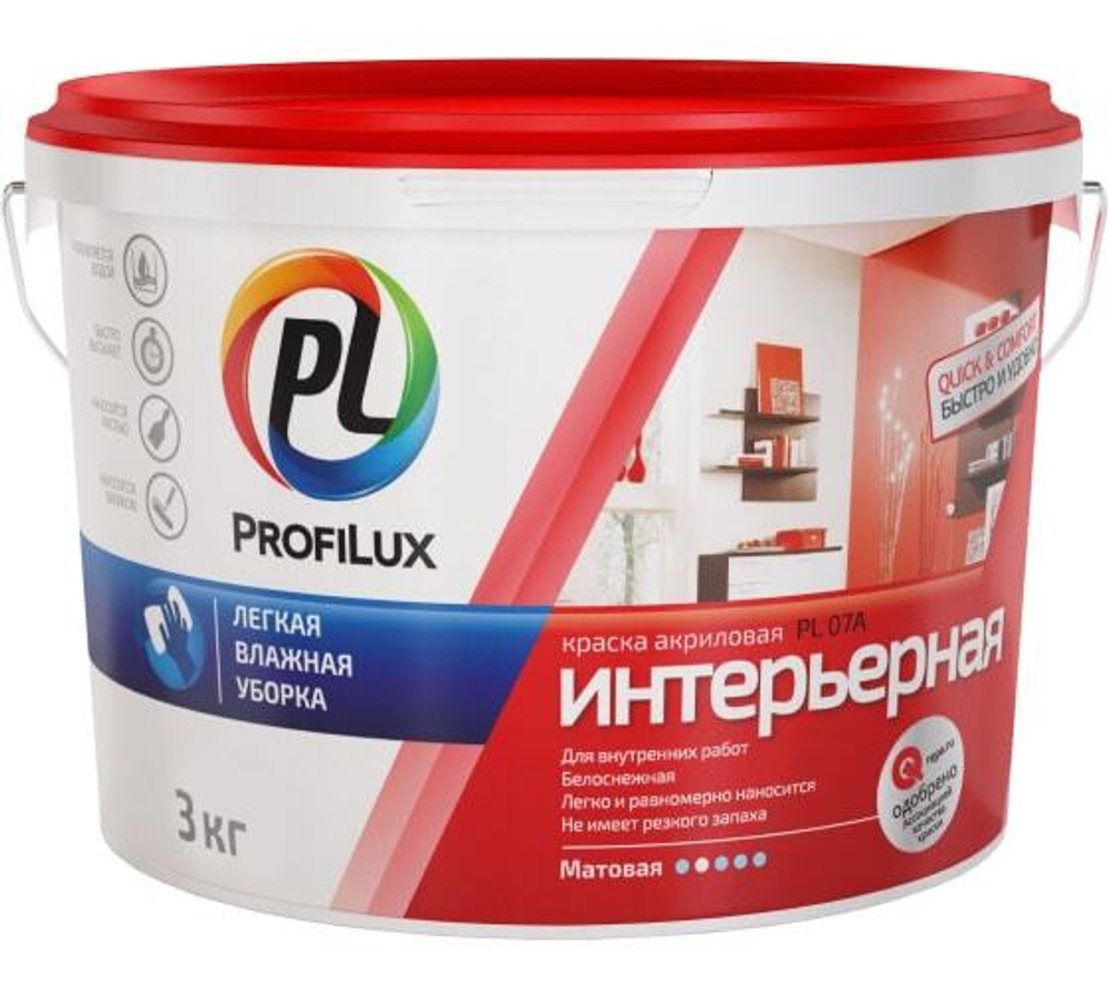 Краска для стен и потолков акриловая Profilux PL-07А матовая супербелая