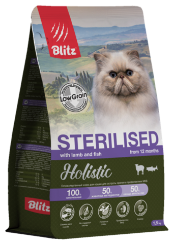 Сухой корм для стерилизованных кошек Blitz Holistic Lamb and Fish Sterilised Cat низкозерновой корм, ягненок и рыба, 1,5 кг