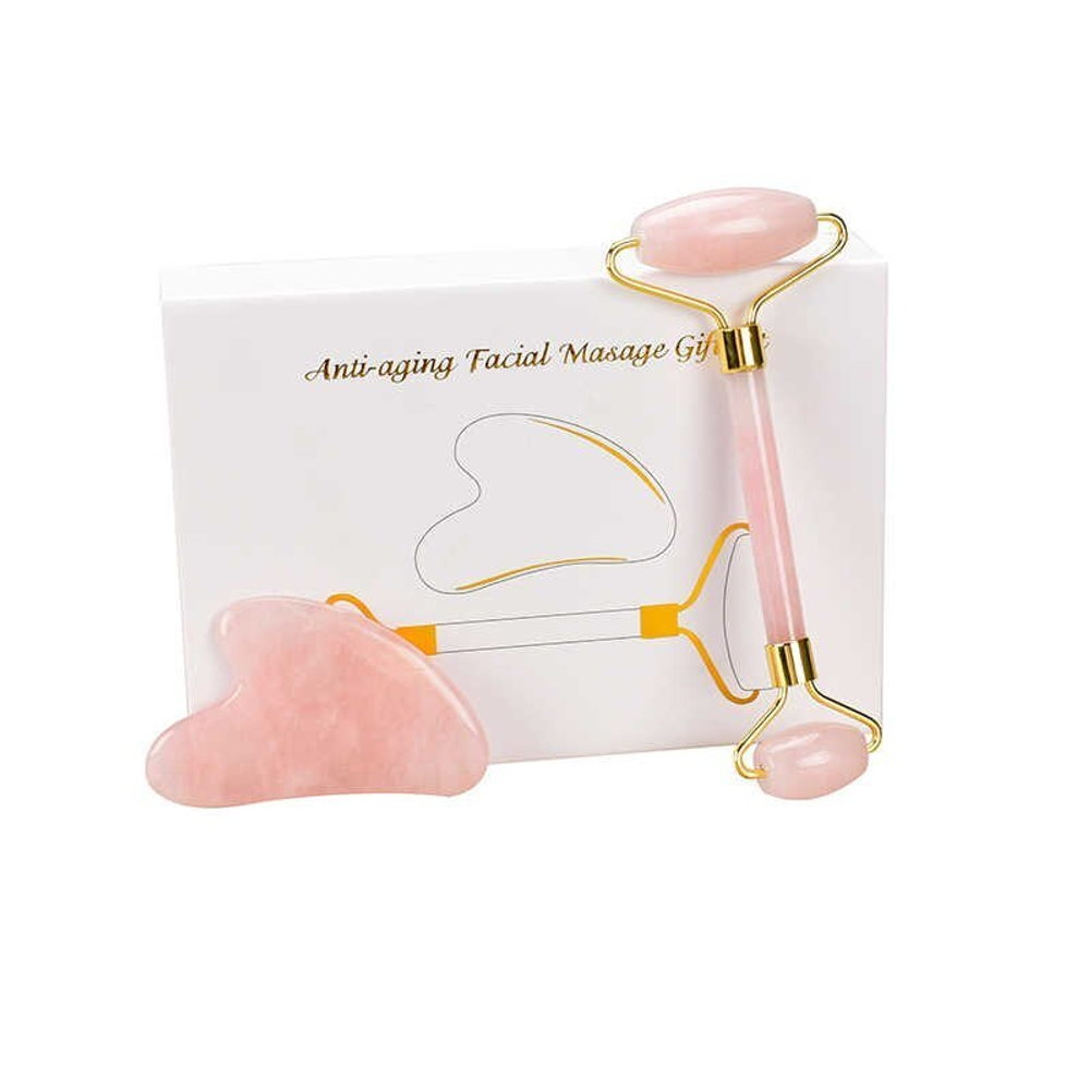 favorite.store Набор массажный роллер + гуаша из розового кварца, массажер для лица (Роллер и Гуаша)