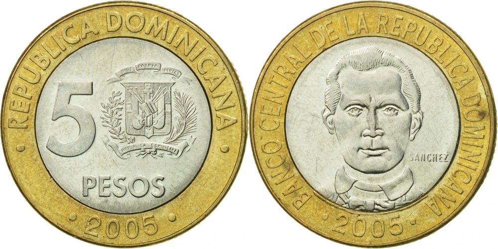 Доминикана 5 песо, 2002 - 2016 Франсиско дель Росарио Санчес XF