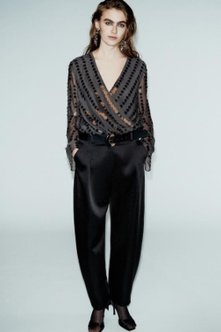 ZARA АТЛАСНЫЕ БРЮКИ BARREL С РЕМНЕМ, ЧЕРНЫЙ