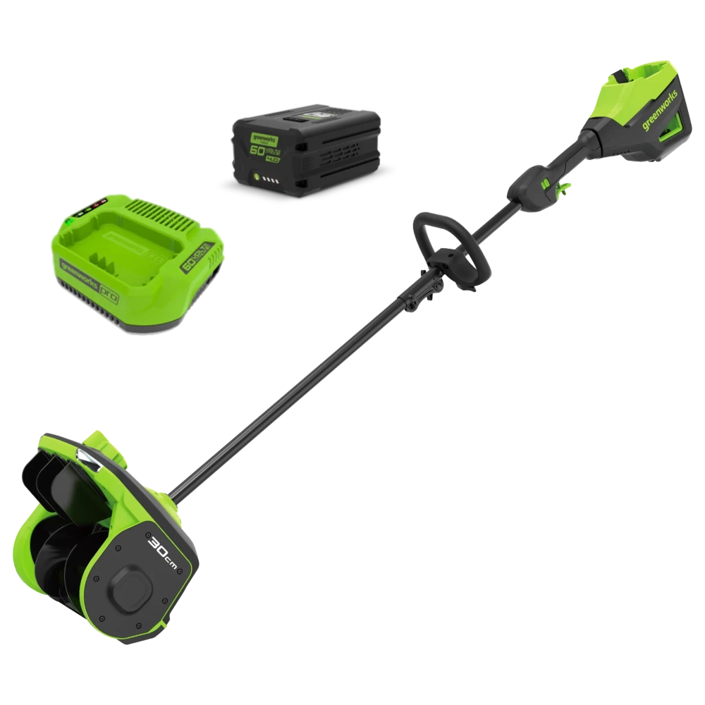Greenworks GD60SS2 60В аккумуляторная снегоуборочная лопата (1 x 5 Ач, ЗУ) ковш 30 см, выброс 7.6 м 2603207UG