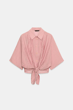 ZARA РУБАШКА В ПОЛОСКУ С УЗЛОМ, КРАСНАЯ ПОЛОСА