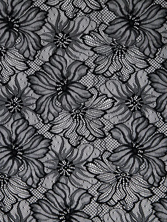 Кружевное эластичное полотно оптом (сетка), цветы, черный
