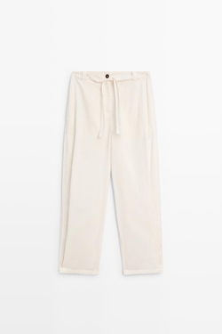 Massimo Dutti Брюки из смесовой хлопковой ткани с завязками, белый