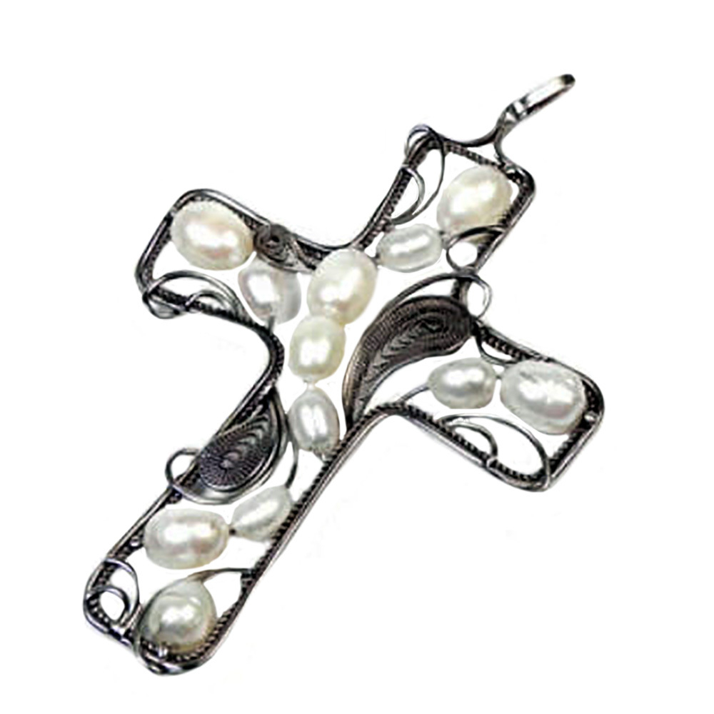 Кулон "Крест" жемчуг белый, скань асс.