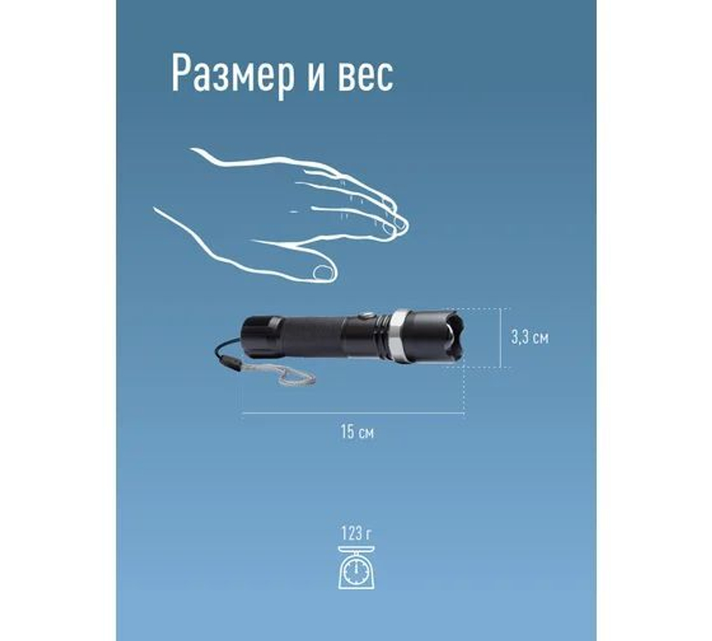 Ручной аккумуляторный фонарь КОСМОС 3Вт LED, линза, зум, Li-ion18650 1200mAh, анодированный алюминий, USB-шнур KOS112Lit