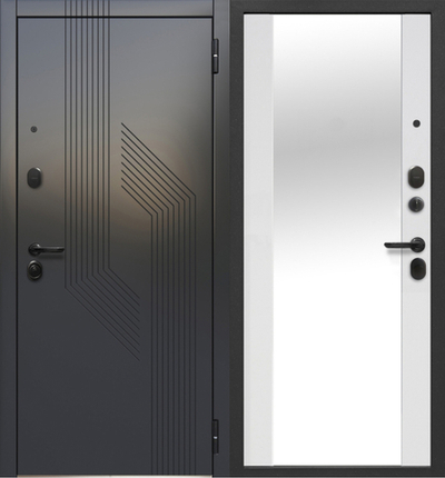 Дверь металлическая Сатин черный/Зеркало/Эмалит белый - 1098