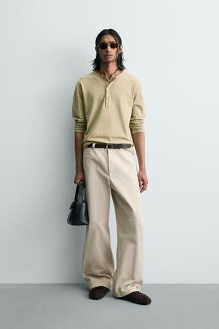 ZARA БРЮКИ ЧИНОСЫ ШИРОКОГО КРОЯ, ЖЕЛТОВАТО-БЕЛЫЙ