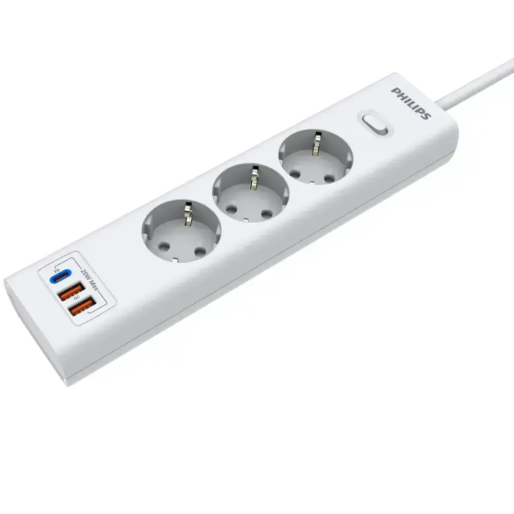 Сетевой фильтр удлинитель Philips CHP4336WA/51 с тремя стандартными розетками EU, 2 USB-A, Type-C, с заземлением и защитой от перегрузок, 2 м, белый