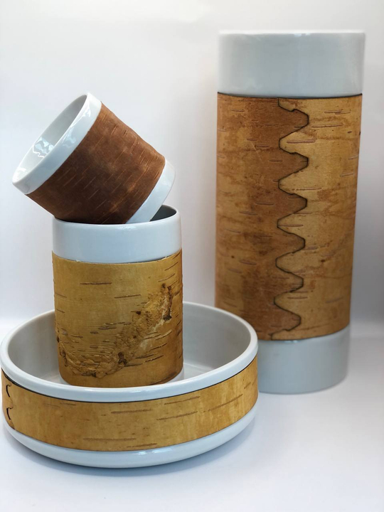 Набор фарфоровой посуды из бересты. Коллекция Бревно (Log)