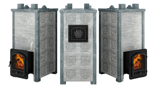 Печь Эверест "Легкий пар Профи" каменка «по-серому», Талькохлорит, S-50 мм, Резная (3 стороны)
