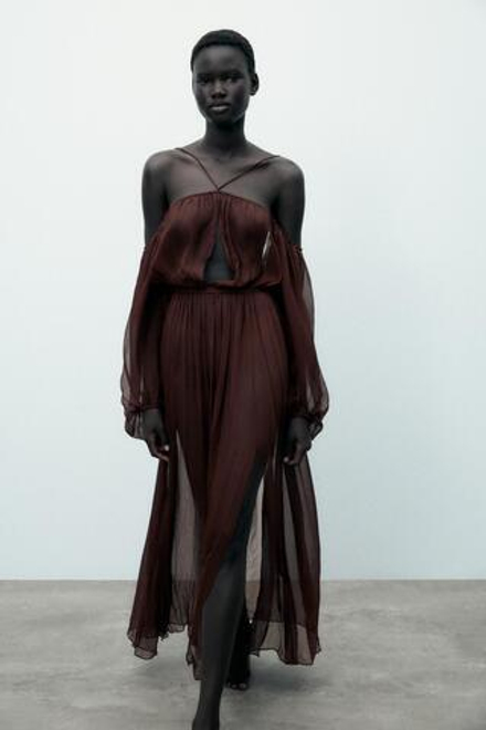 ZARA ДЛИННОЕ СТРУЯЩЕЕСЯ ПЛАТЬЕ, КОРИЧНЕВЫЙ